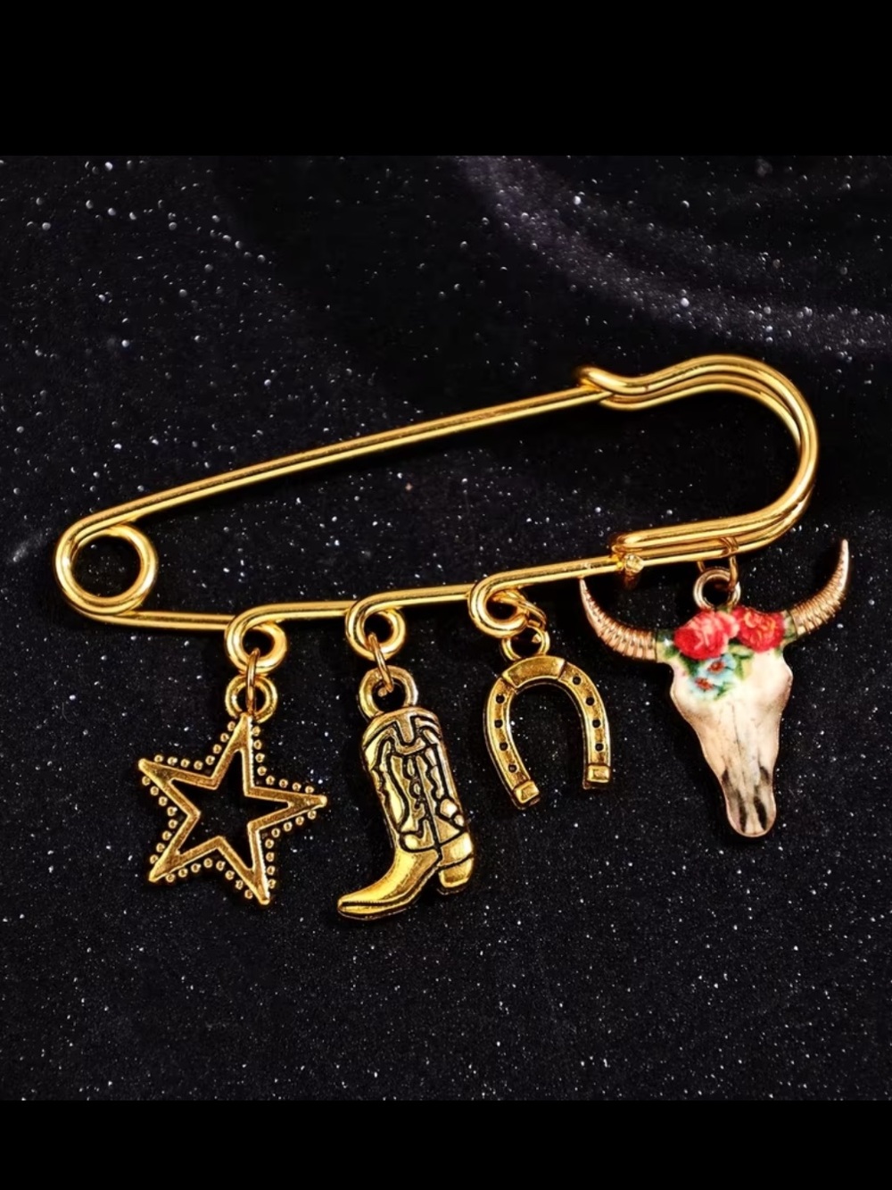 Cowboy Western Charm Safety Pin Brooch with Floral Bull Skull - Kids Accessories